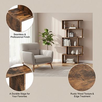 ZUQIETA 5-Tier Room Divider Bookcase - Tall Freestanding Display Shelf in Rustic Brown