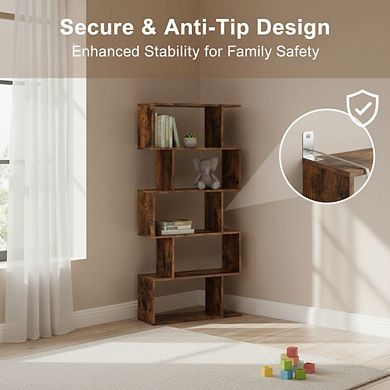 ZUQIETA 5-Tier Room Divider Bookcase - Tall Freestanding Display Shelf in Rustic Brown