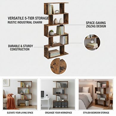 ZUQIETA 5-Tier Room Divider Bookcase - Tall Freestanding Display Shelf in Rustic Brown