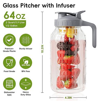 Fruit Infuser Glass Mason Jar Pitcher with Spout Handle Lid 64oz