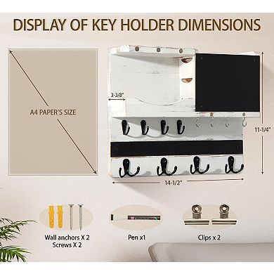Wall-Mount Key Holder with Shelf and Mail Organizer 16 Hooks Farmhouse