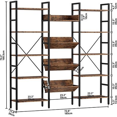 ZUQIETA Industrial Triple Wide Bookcase - 5-Tier Metal Frame Shelf with Baffles