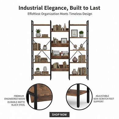 ZUQIETA Industrial Triple Wide Bookcase - 5-Tier Metal Frame Shelf with Baffles
