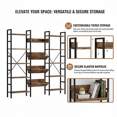 ZUQIETA Industrial Triple Wide Bookcase - 5-Tier Metal Frame Shelf with Baffles