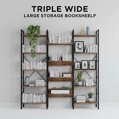 ZUQIETA Industrial Triple Wide Bookcase - 5-Tier Metal Frame Shelf with Baffles
