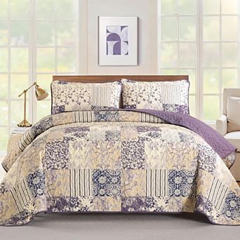 Purple King Quilt Set! 3 pc Reversible Patchwork, Lightweight & All-Season Soft. 104x90 Inch