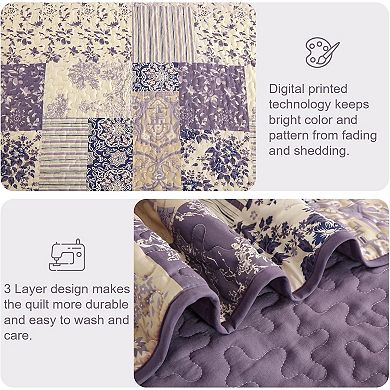 Purple King Quilt Set! 3-Pc Reversible Patchwork, Lightweight & All-Season Soft. 104x90 Inch