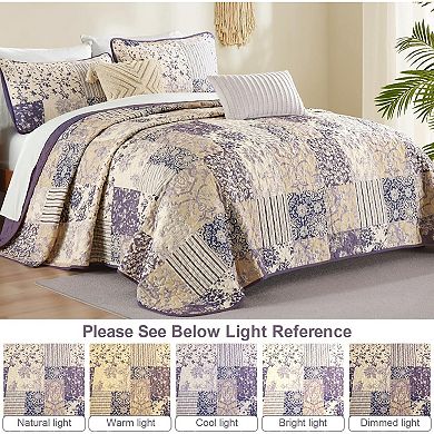 Purple King Quilt Set! 3-Pc Reversible Patchwork, Lightweight & All-Season Soft. 104x90 Inch