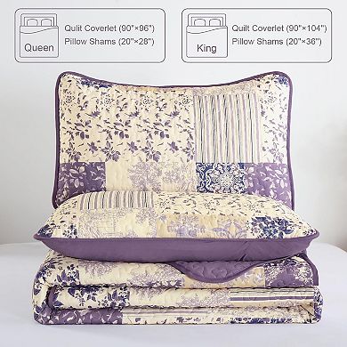 Purple King Quilt Set! 3-Pc Reversible Patchwork, Lightweight & All-Season Soft. 104x90 Inch