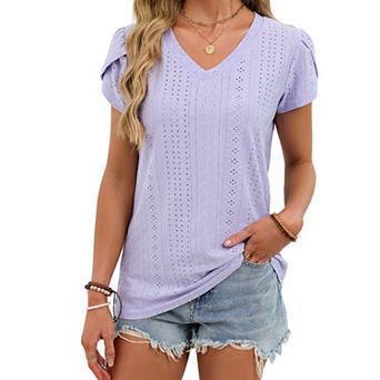 Women's V Neck Eyelet Knit Top Puff Short Sleeve Casual Tunic Blouse