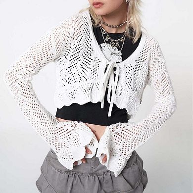 Women's Open Knit V-Neck Cardigan, Tie Front Bell Sleeve Cropped Shrug