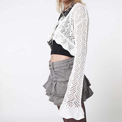 Women's Open Knit V-Neck Cardigan, Tie Front Bell Sleeve Cropped Shrug