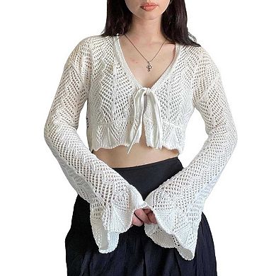 Women's Open Knit V-Neck Cardigan, Tie Front Bell Sleeve Cropped Shrug