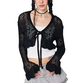 Women's Open Knit V-Neck Cardigan, Tie Front Bell Sleeve Cropped Shrug