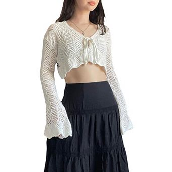 Women's Open Knit V-Neck Cardigan, Tie Front Bell Sleeve Cropped Shrug