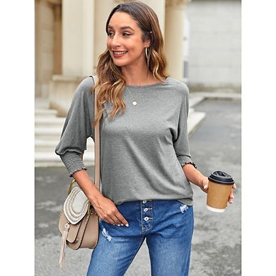 Women's 3/4 Sleeve Casual Tops Solid Color Crew Neck Loose Fit Shirts Blouses