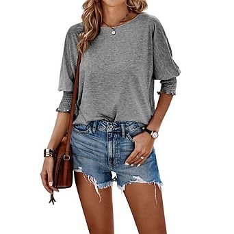 Women's 3/4 Sleeve Casual Tops Solid Color Crew Neck Loose Fit Shirts Blouses