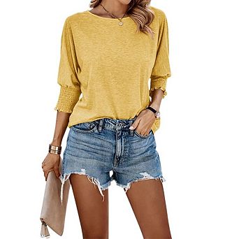 Women's 3/4 Sleeve Casual Tops Solid Color Crew Neck Loose Fit Shirts Blouses