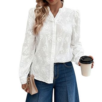 Women's Floral Embroidered Button Down Blouse Mandarin Collar Long Sleeve Casual Top