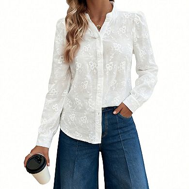 Women's Floral Embroidered Button Down Blouse Mandarin Collar Long Sleeve Casual Top
