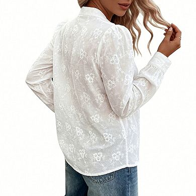Women's Floral Embroidered Button Down Blouse Mandarin Collar Long Sleeve Casual Top