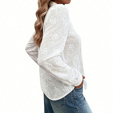 Women's Floral Embroidered Button Down Blouse Mandarin Collar Long Sleeve Casual Top