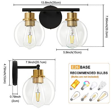 POWLIG 13.4" 2-Light Dimmable Bathroom Vanity Light - Black&Gold Finish with Clear Glass Shades