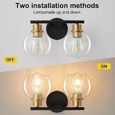 POWLIG 13.4" 2-Light Dimmable Bathroom Vanity Light - Black&Gold Finish with Clear Glass Shades