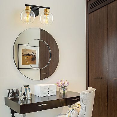 POWLIG 13.4" 2-Light Dimmable Bathroom Vanity Light - Black&Gold Finish with Clear Glass Shades