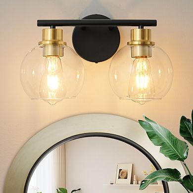 POWLIG 13.4" 2-Light Dimmable Bathroom Vanity Light - Black&Gold Finish with Clear Glass Shades