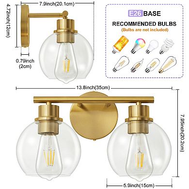 POWLIG 13.4" 2-Light Dimmable Bathroom Vanity Light - Black&Gold Finish with Clear Glass Shades