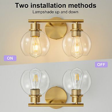 POWLIG 13.4" 2-Light Dimmable Bathroom Vanity Light - Black&Gold Finish with Clear Glass Shades
