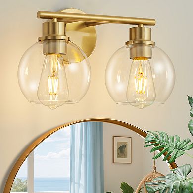 POWLIG 13.4" 2-Light Dimmable Bathroom Vanity Light - Black&Gold Finish with Clear Glass Shades