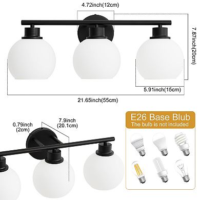 POWLIG 21.65" 3-Light Dimmable Bathroom Vanity Light - Black Finish with Milky White Glass Shades