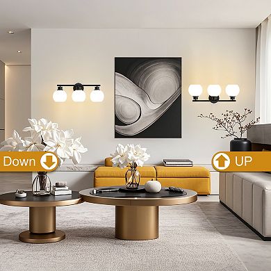 POWLIG 21.65" 3-Light Dimmable Bathroom Vanity Light - Black Finish with Milky White Glass Shades