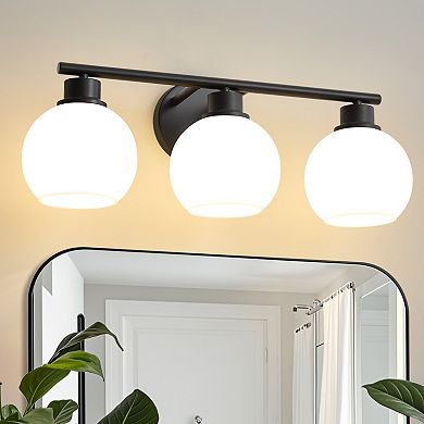 POWLIG 21.65" 3-Light Dimmable Bathroom Vanity Light - Black Finish with Milky White Glass Shades
