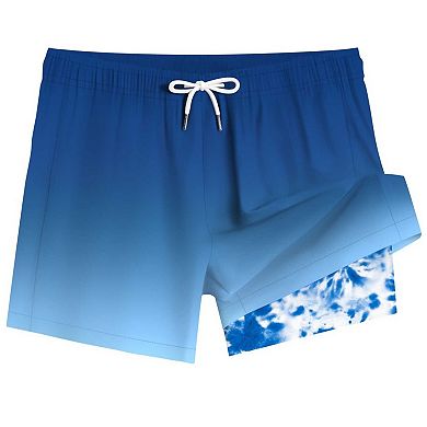 Men's Double Layer Printed Board Shorts, Quick Dry Swim Trunks with Drawstring