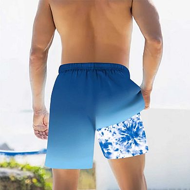 Men's Double Layer Printed Board Shorts, Quick Dry Swim Trunks with Drawstring