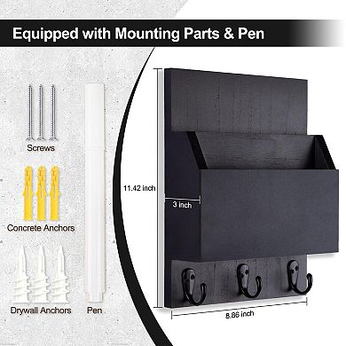 Wall Mount Entryway Key Mail Holder with 2 Slots and 3 Hooks
