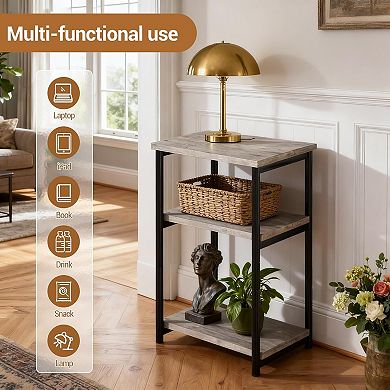 3-Tier Side Table with Storage Tall End Table with Metal Frame Small Multifunctional Nightstand