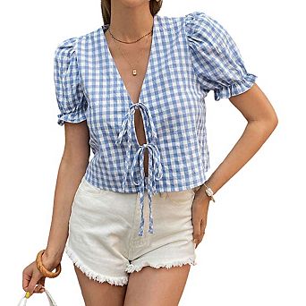 Women's V Neck Puff Short Sleeve Plaid Tie Front Cropped Top