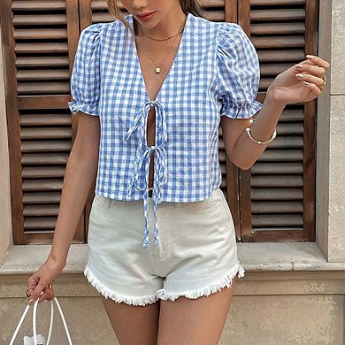 Women's V Neck Puff Short Sleeve Plaid Tie Front Cropped Top