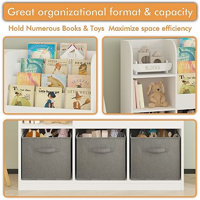 Kids' Multifunctional Bookcase with 3 Foldable Fabric Drawers and Toy Storage Organizer, Grey