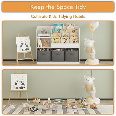 Kids' Multifunctional Bookcase with 3 Foldable Fabric Drawers and Toy Storage Organizer, Grey