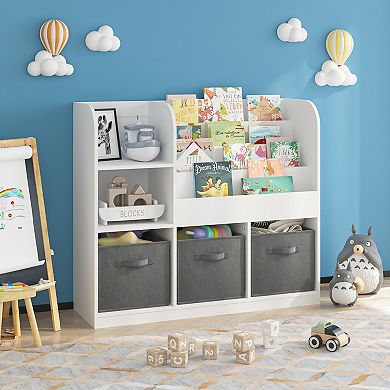 Kids' Multifunctional Bookcase with 3 Foldable Fabric Drawers and Toy Storage Organizer, Grey