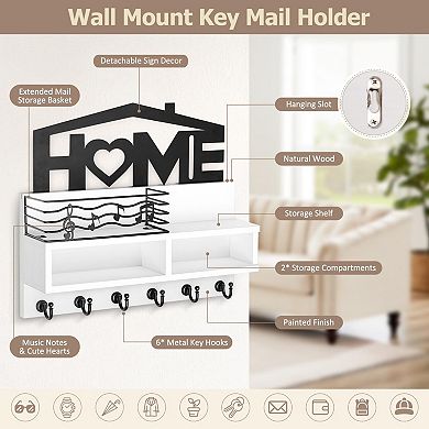 Wall-Mounted Key Holder Mail Organizer 2 Compartments 6 Hooks