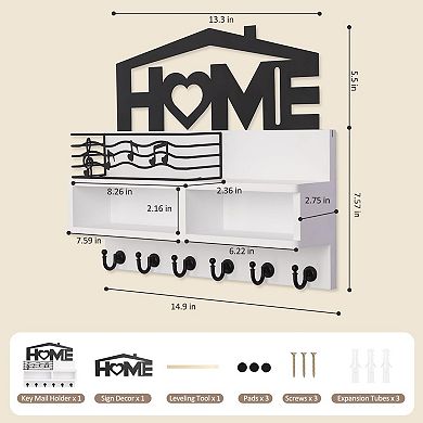 Wall-Mounted Key Holder Mail Organizer 2 Compartments 6 Hooks