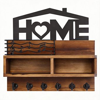 Wall-Mounted Key Holder Mail Organizer 2 Compartments 6 Hooks