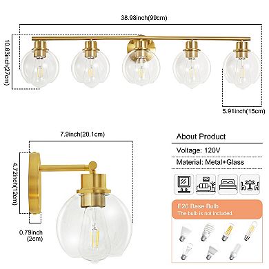 POWLIG 38.98" 5-Light Dimmable Bathroom Vanity Light - Black&Gold Finish with Clear Glass Shades
