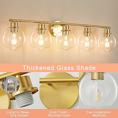 POWLIG 38.98" 5-Light Dimmable Bathroom Vanity Light - Black&Gold Finish with Clear Glass Shades